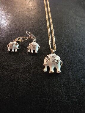 18k Gold Plated White Enamel Elephant Necklace and Earrings Set